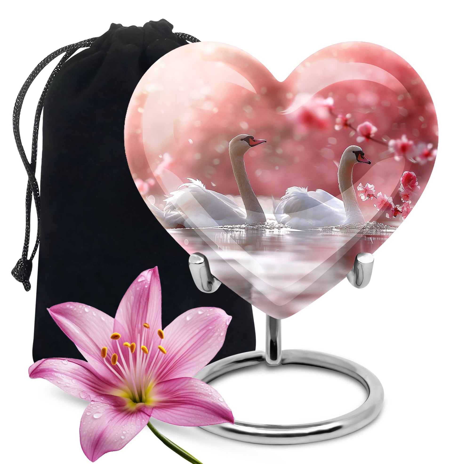 Elegant White Swan Urn – Pink Cherry Blossom Design For Human Ashes