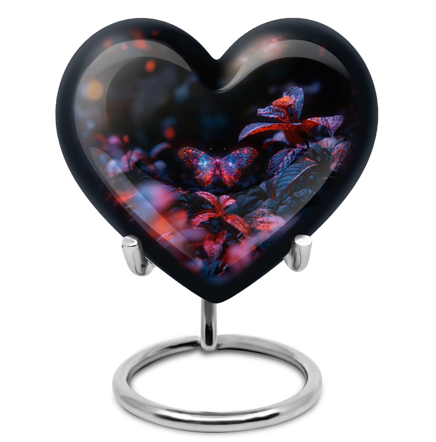 Butterfly Urn for Human Ashes, Sparkly Purple Wings Among Red Leaves, Black Gloss Urn