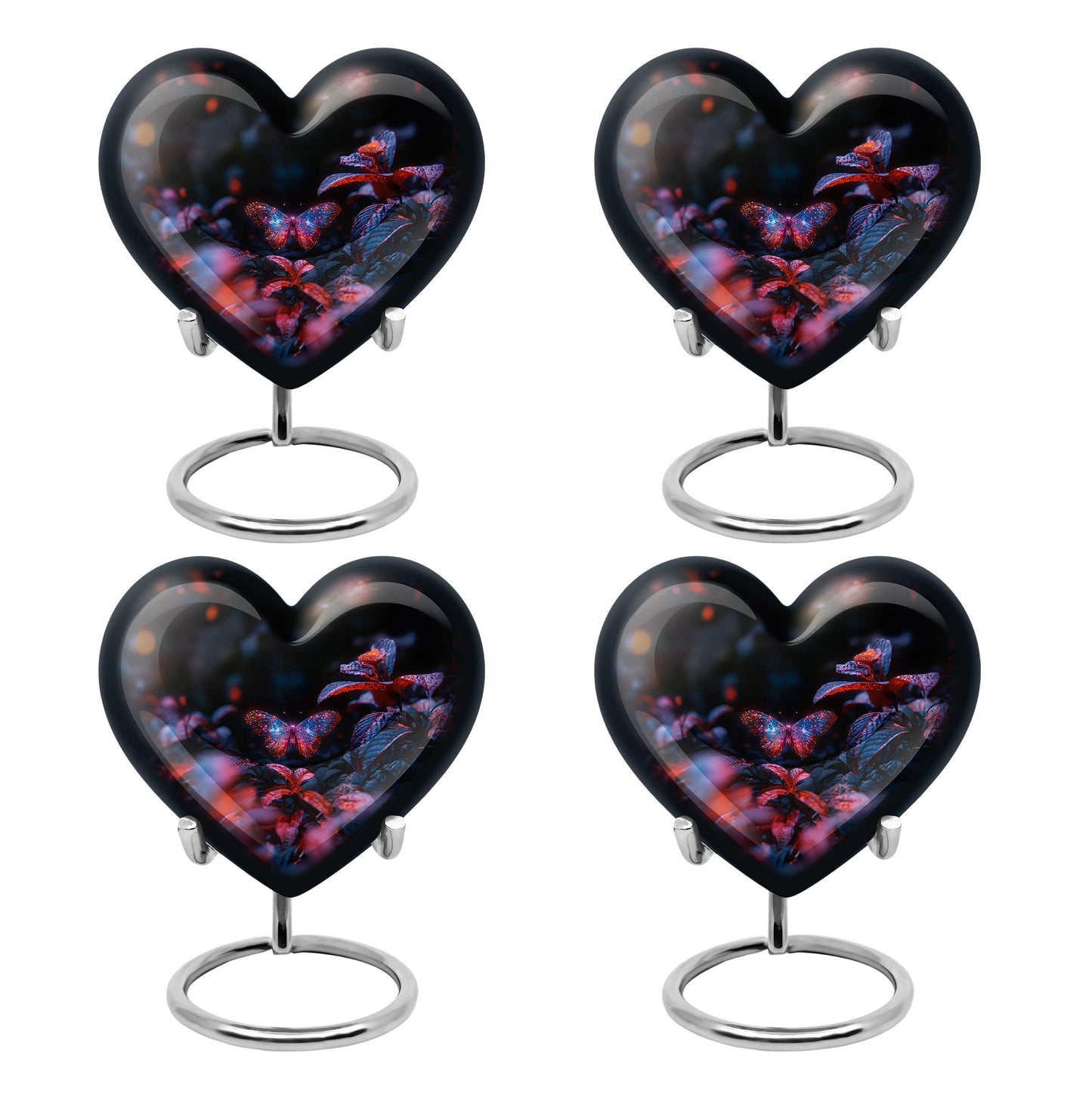 Butterfly Urn for Human Ashes, Sparkly Purple Wings Among Red Leaves, Black Gloss Urn