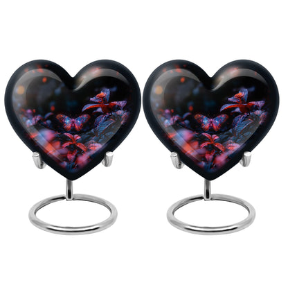 Butterfly Urn for Human Ashes, Sparkly Purple Wings Among Red Leaves, Black Gloss Urn