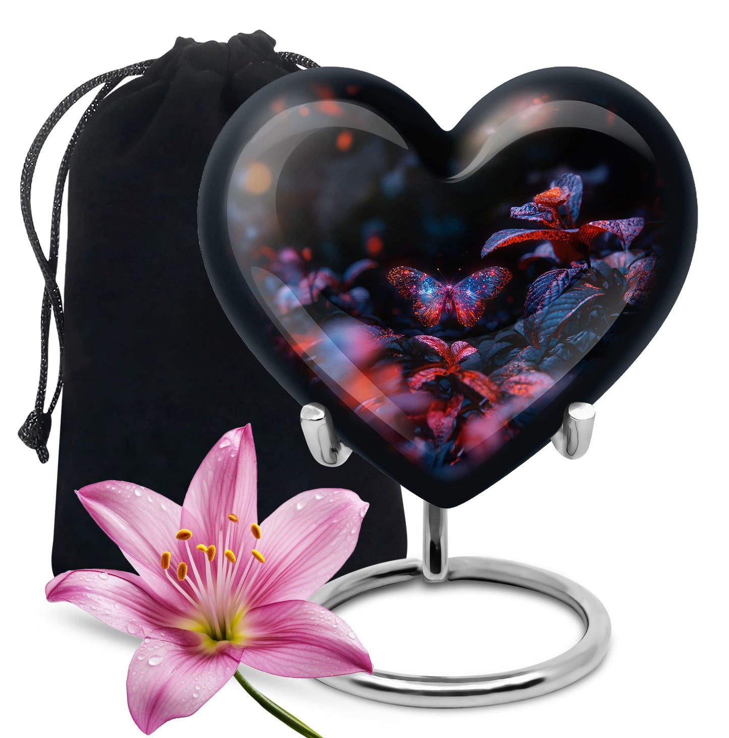 Butterfly Urn for Human Ashes, Sparkly Purple Wings Among Red Leaves, Black Gloss Urn