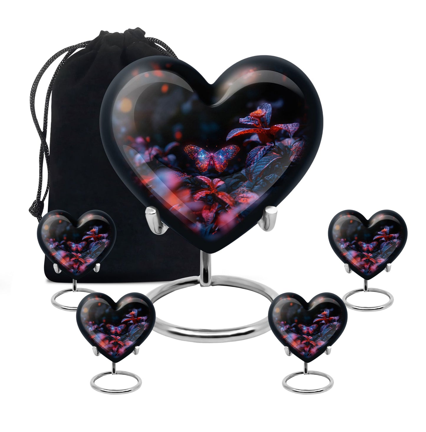 Butterfly Urn for Human Ashes, Sparkly Purple Wings Among Red Leaves, Black Gloss Urn