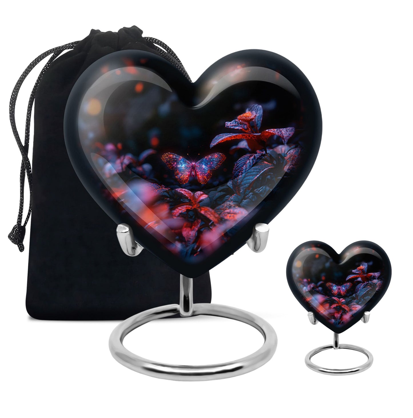 Butterfly Urn for Human Ashes, Sparkly Purple Wings Among Red Leaves, Black Gloss Urn