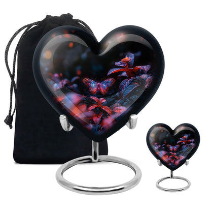 Butterfly Urn for Human Ashes, Sparkly Purple Wings Among Red Leaves, Black Gloss Urn