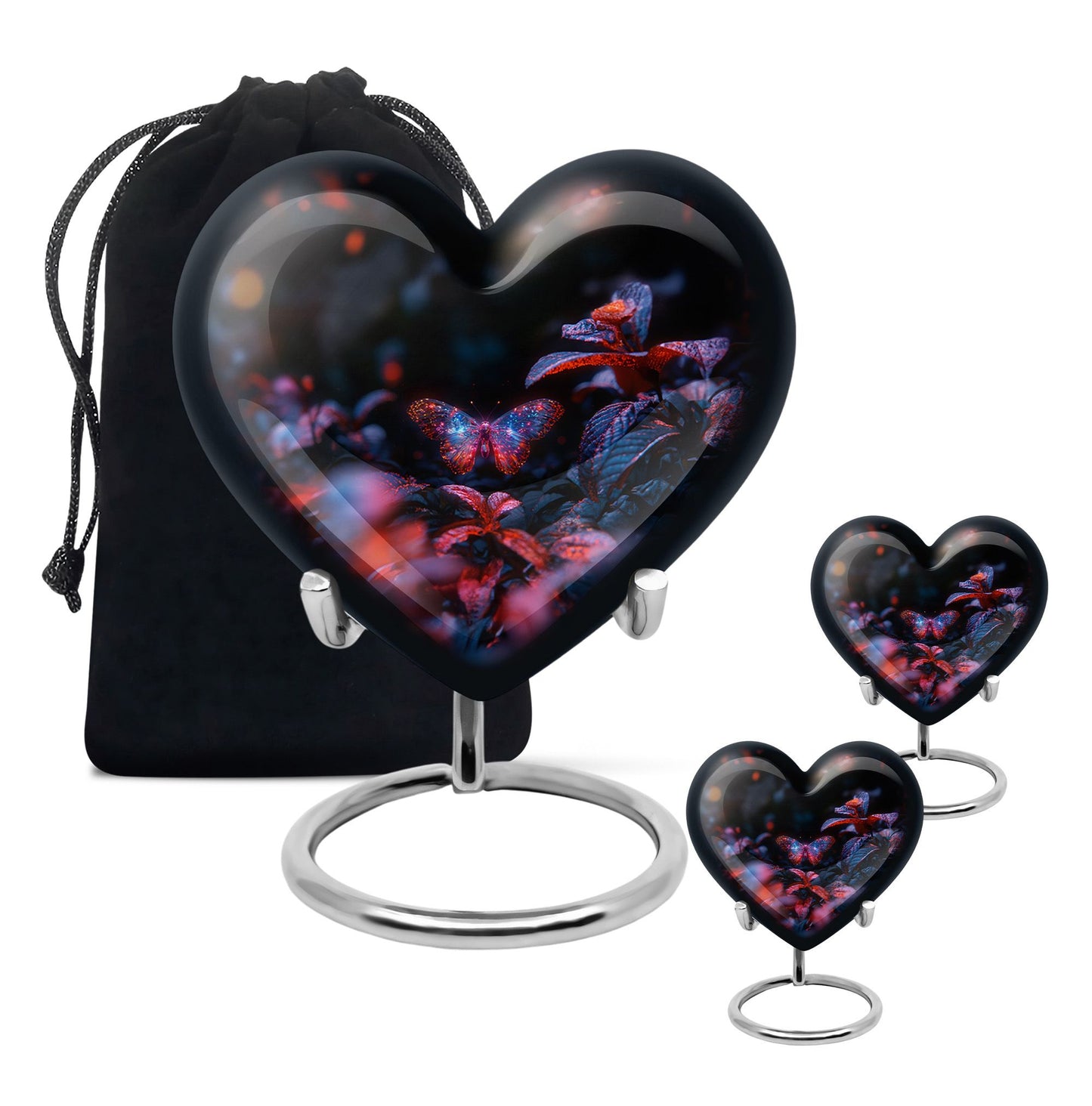 Butterfly Urn for Human Ashes, Sparkly Purple Wings Among Red Leaves, Black Gloss Urn