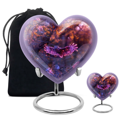 Owl Urn for Human Ashes, With Spread Purple Glowing Wings, Cremation Urn