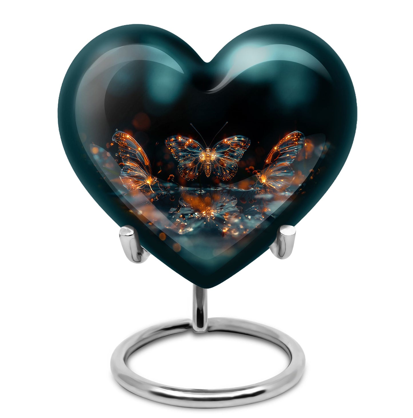Butterfly Urn for Human Ashes, Glowing Gold Wings with Sparkle Particles, Black Gloss Urn