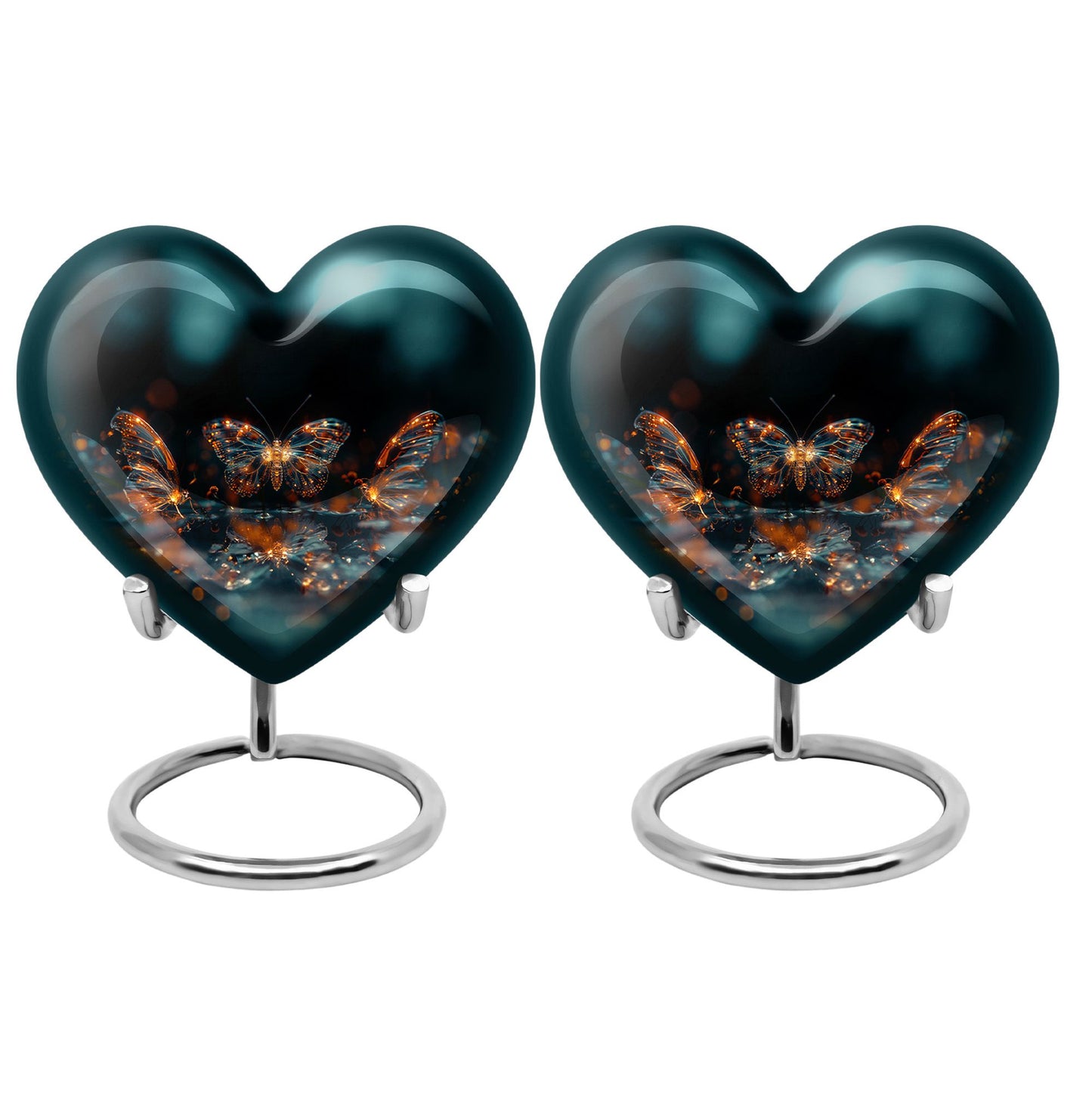 Butterfly Urn for Human Ashes, Glowing Gold Wings with Sparkle Particles, Black Gloss Urn