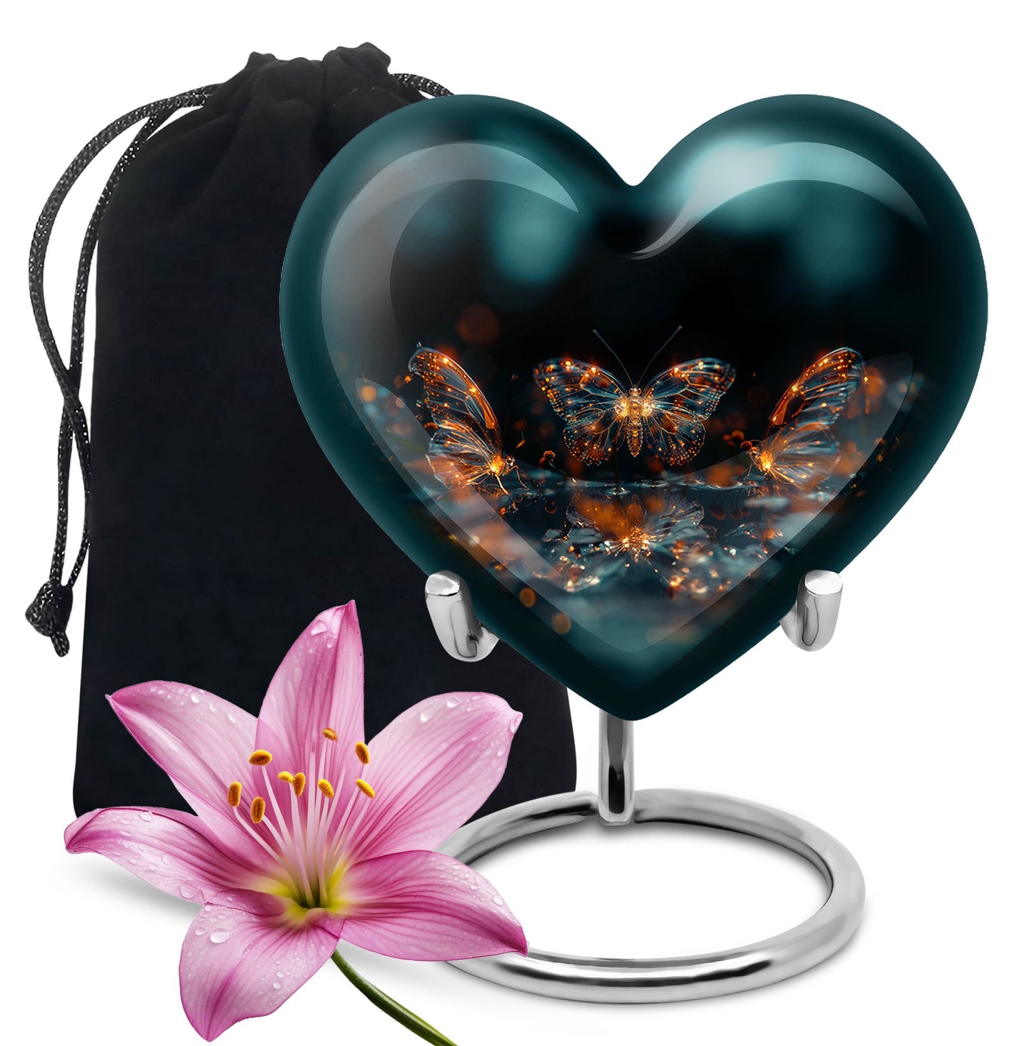 Butterfly Urn for Human Ashes, Glowing Gold Wings with Sparkle Particles, Black Gloss Urn
