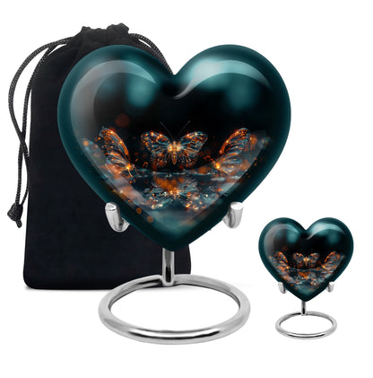Butterfly Urn for Human Ashes, Glowing Gold Wings with Sparkle Particles, Black Gloss Urn