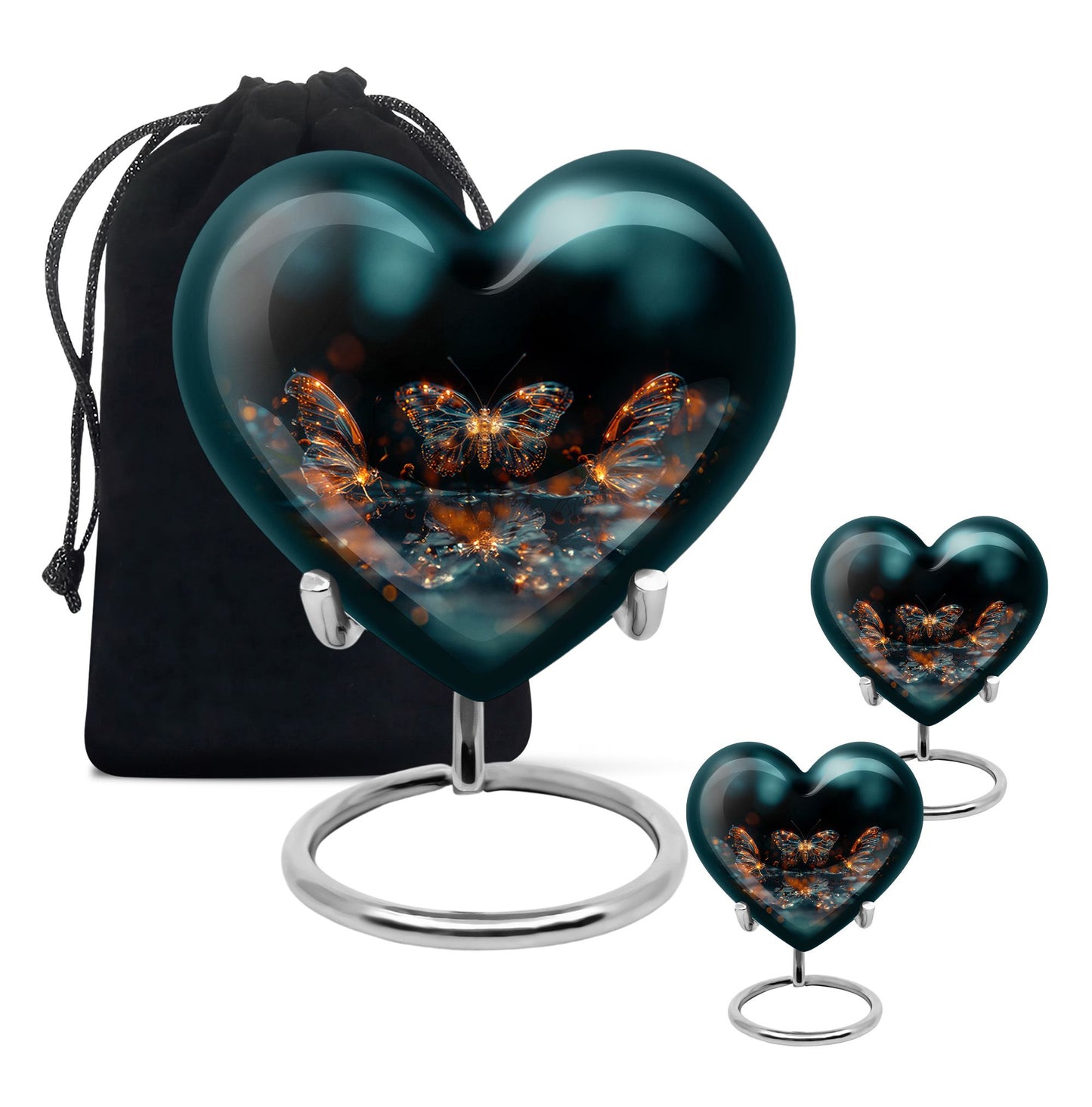 Butterfly Urn for Human Ashes, Glowing Gold Wings with Sparkle Particles, Black Gloss Urn