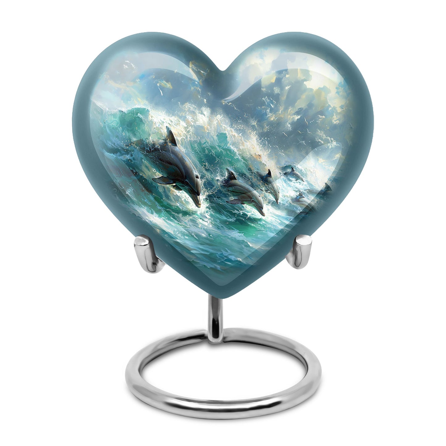 Dolphin Urn for Ashes with Dolphins Jumping Through Ocean Spray, Blue Grey Memorial Urn