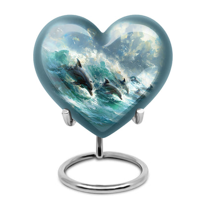 Dolphin Urn for Ashes with Dolphins Jumping Through Ocean Spray, Blue Grey Memorial Urn