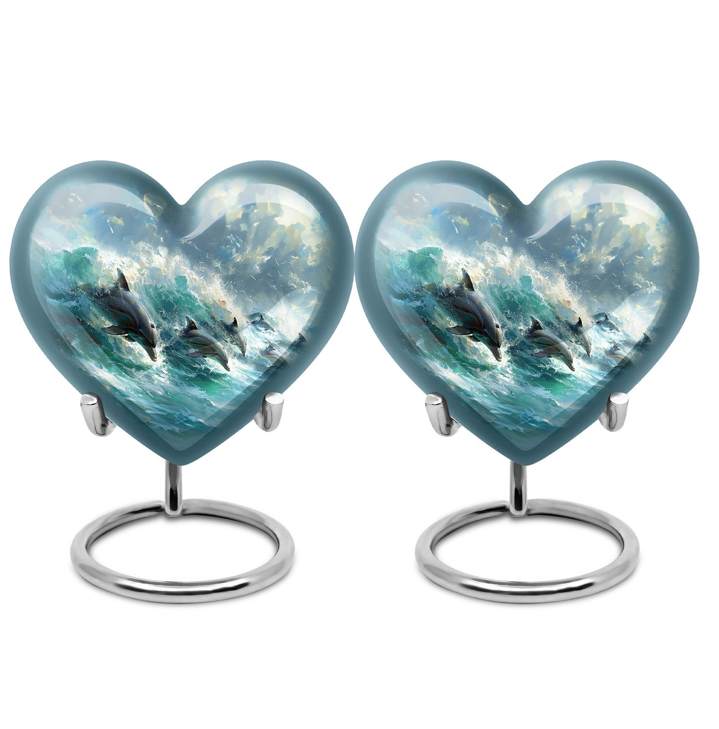 Dolphin Urn for Ashes with Dolphins Jumping Through Ocean Spray, Blue Grey Memorial Urn