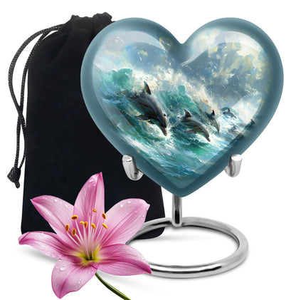Dolphin Urn for Ashes with Dolphins Jumping Through Ocean Spray, Blue Grey Memorial Urn