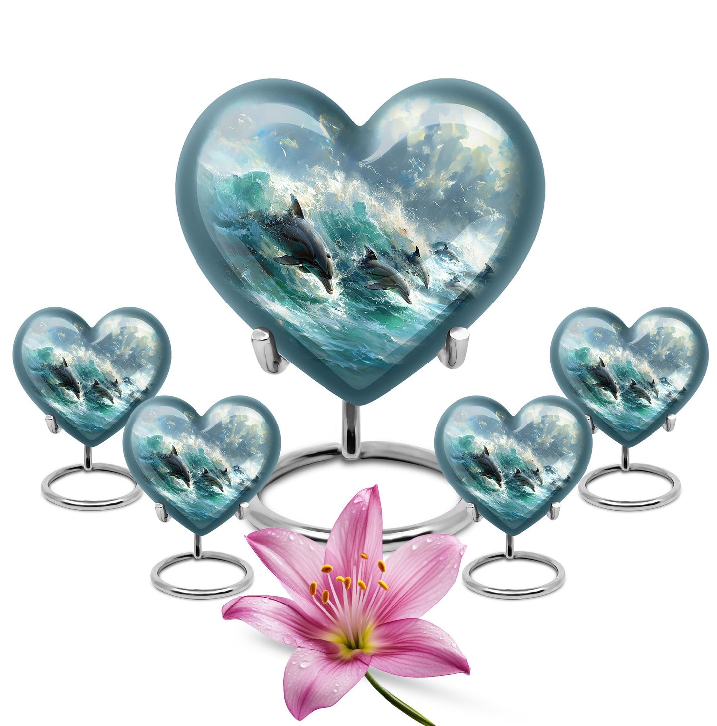 Dolphin Urn for Ashes with Dolphins Jumping Through Ocean Spray, Blue Grey Memorial Urn