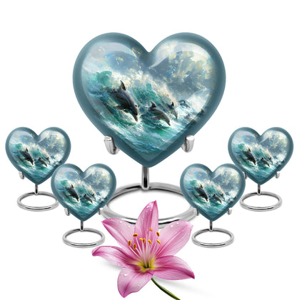 Dolphin Urn for Ashes with Dolphins Jumping Through Ocean Spray, Blue Grey Memorial Urn