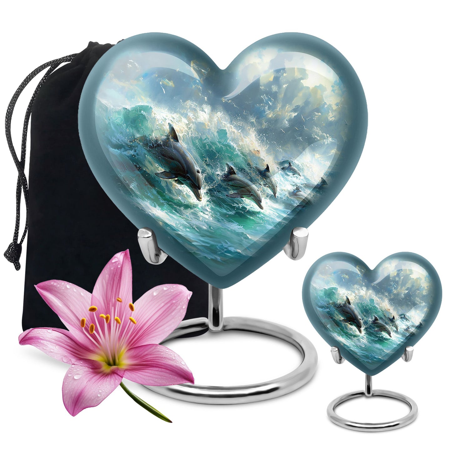 Dolphin Urn for Ashes with Dolphins Jumping Through Ocean Spray, Blue Grey Memorial Urn