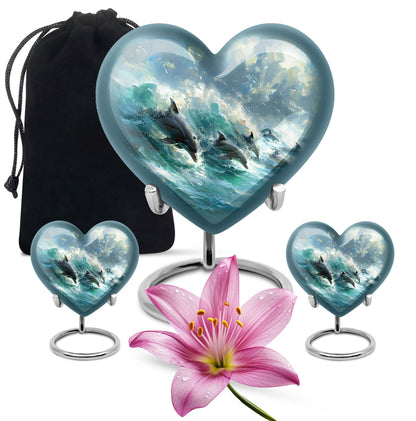 Dolphin Urn for Ashes with Dolphins Jumping Through Ocean Spray, Blue Grey Memorial Urn