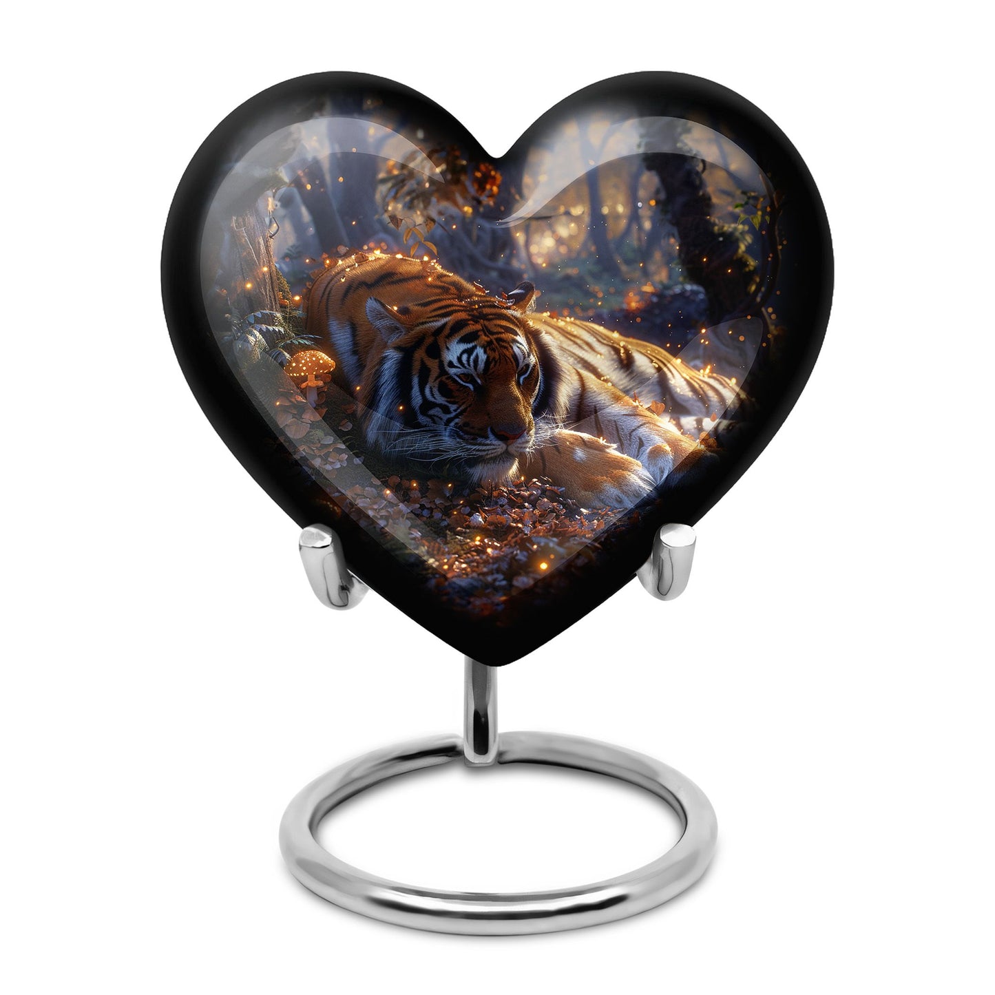 Tiger Urn for Human Ashes, Resting in Glowing Forest Flowers, Cremation Urn