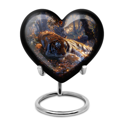 Tiger Urn for Human Ashes, Resting in Glowing Forest Flowers, Cremation Urn