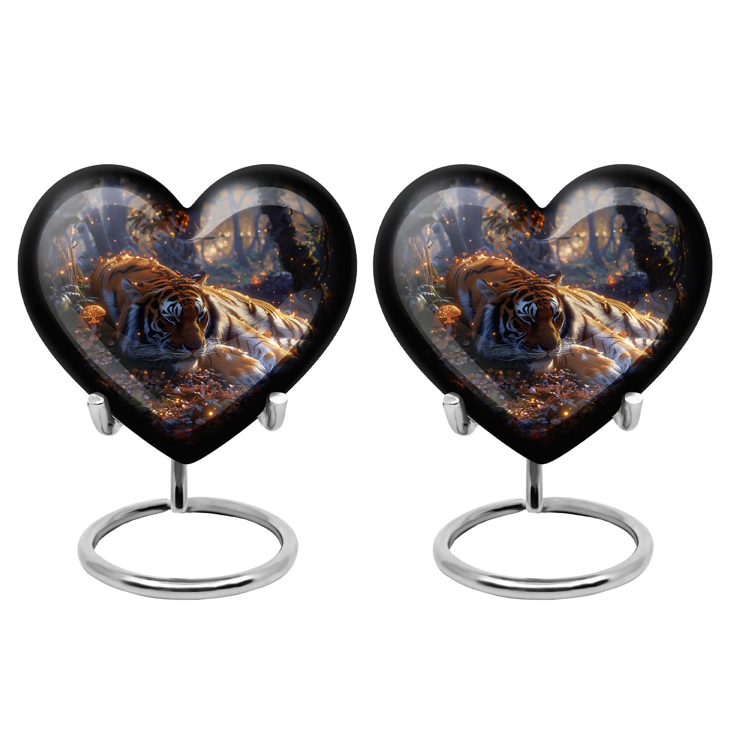 Tiger Urn for Human Ashes, Resting in Glowing Forest Flowers, Cremation Urn
