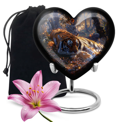 Tiger Urn for Human Ashes, Resting in Glowing Forest Flowers, Cremation Urn