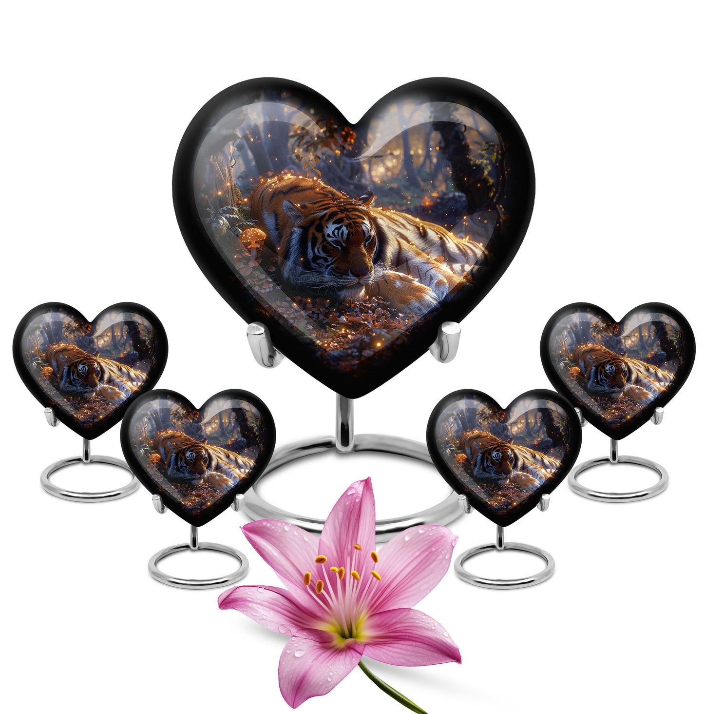 Tiger Urn for Human Ashes, Resting in Glowing Forest Flowers, Cremation Urn
