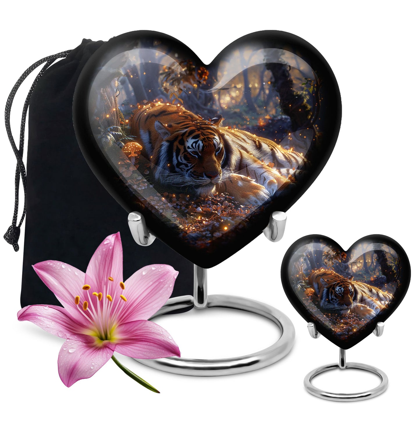 Tiger Urn for Human Ashes, Resting in Glowing Forest Flowers, Cremation Urn