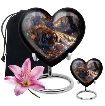 Tiger Urn for Human Ashes, Resting in Glowing Forest Flowers, Cremation Urn