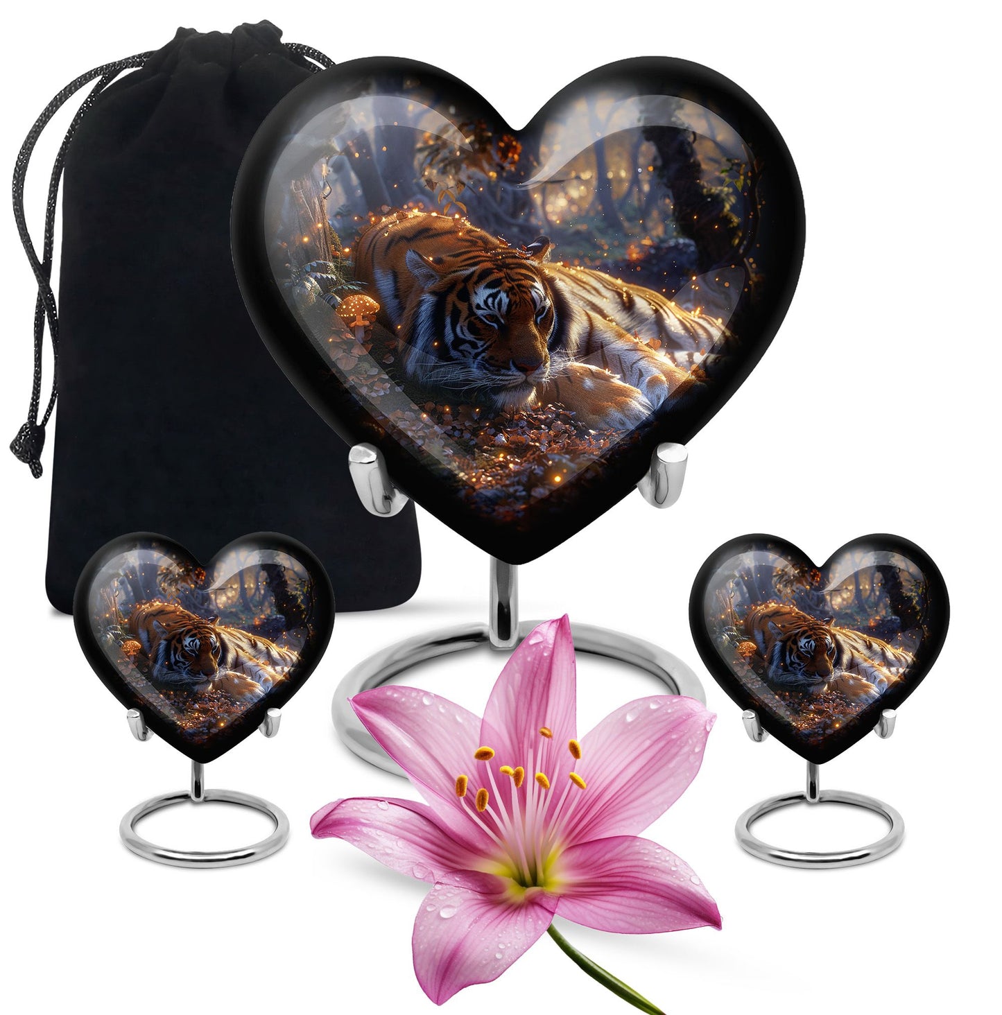 Tiger Urn for Human Ashes, Resting in Glowing Forest Flowers, Cremation Urn
