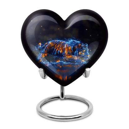 Tiger Urn for Human Ashes, Blue Ceramic Crouching Tiger with Embers in Water, Memorial Urn