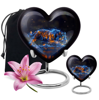 Tiger Urn for Human Ashes, Blue Ceramic Crouching Tiger with Embers in Water, Memorial Urn