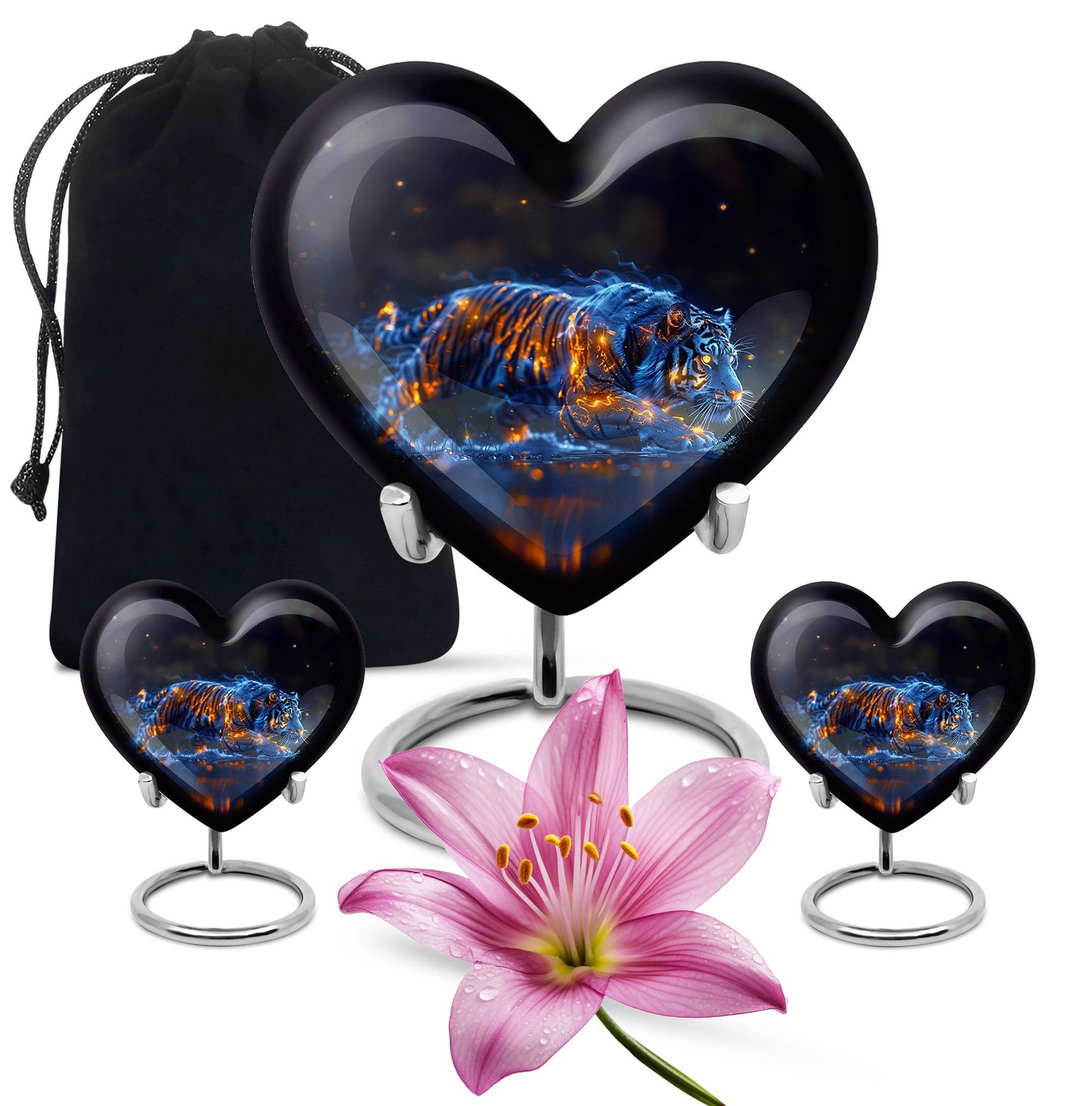 Tiger Urn for Human Ashes, Blue Ceramic Crouching Tiger with Embers in Water, Memorial Urn