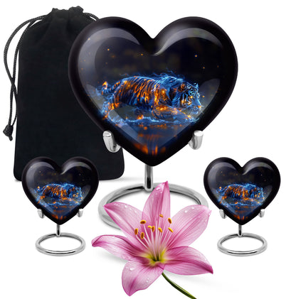 Tiger Urn for Human Ashes, Blue Ceramic Crouching Tiger with Embers in Water, Memorial Urn