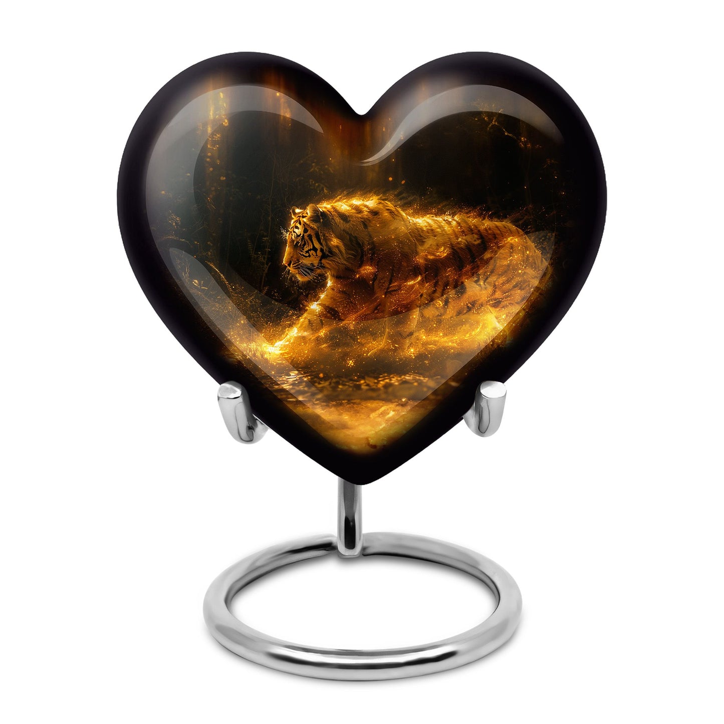 Tiger Urn for Ashes, Tiger Running Through Golden Fire on Black, Memorial Urn