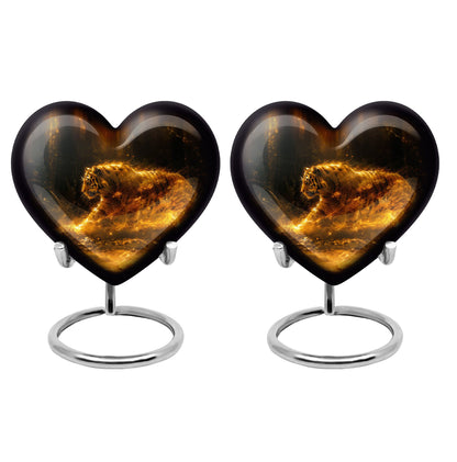Tiger Urn for Ashes, Tiger Running Through Golden Fire on Black, Memorial Urn