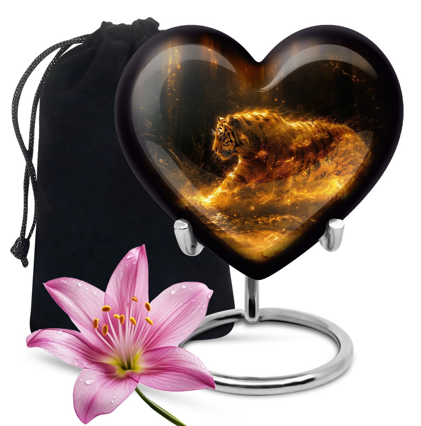 Tiger Urn for Ashes, Tiger Running Through Golden Fire on Black, Memorial Urn