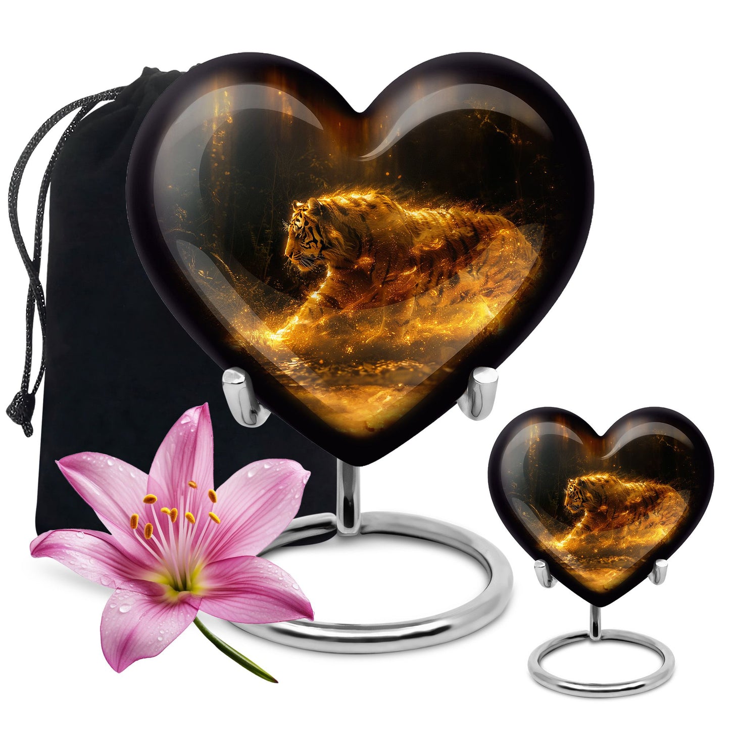 Tiger Urn for Ashes, Tiger Running Through Golden Fire on Black, Memorial Urn