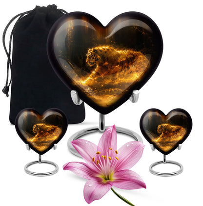 Tiger Urn for Ashes, Tiger Running Through Golden Fire on Black, Memorial Urn