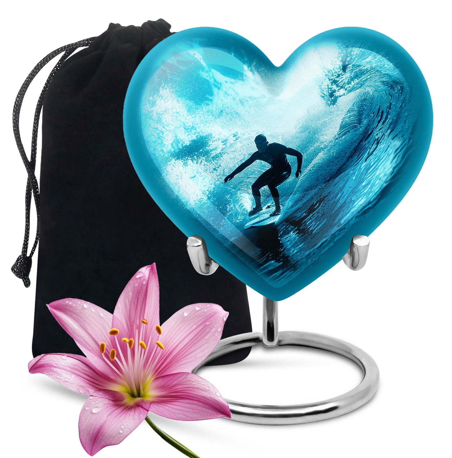 Surfing Urn for Human Ashes with Surfer Silhouette Turquoise Wave, Memorial Urn