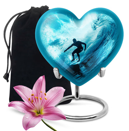 Surfing Urn for Human Ashes with Surfer Silhouette Turquoise Wave, Memorial Urn