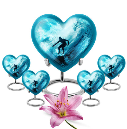 Surfing Urn for Human Ashes with Surfer Silhouette Turquoise Wave, Memorial Urn