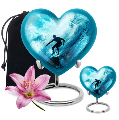 Surfing Urn for Human Ashes with Surfer Silhouette Turquoise Wave, Memorial Urn