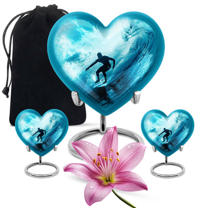 Surfing Urn for Human Ashes with Surfer Silhouette Turquoise Wave, Memorial Urn