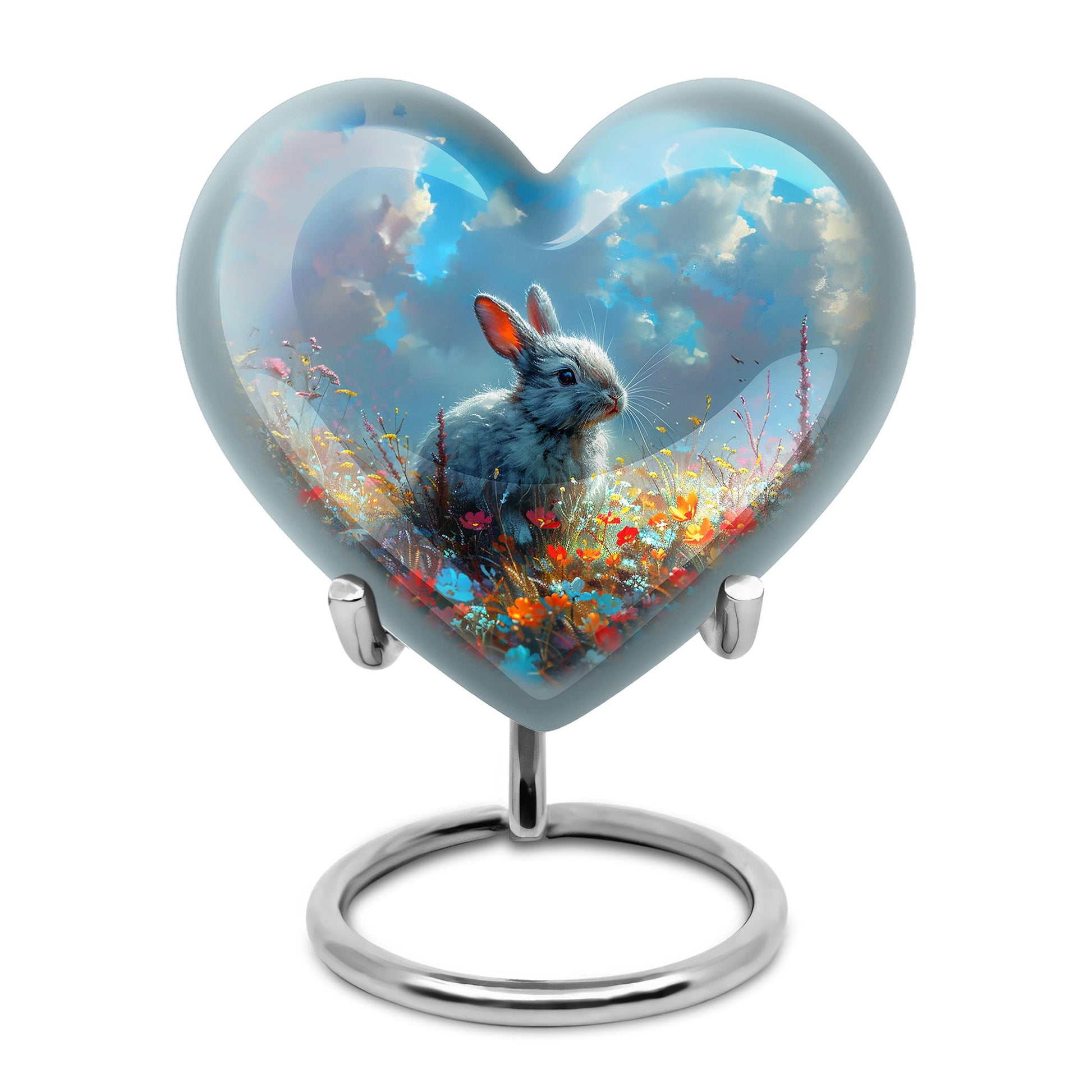 Colorful Flower Urn with White Bunny - Beautiful Pet Memorial Urn for Ashes