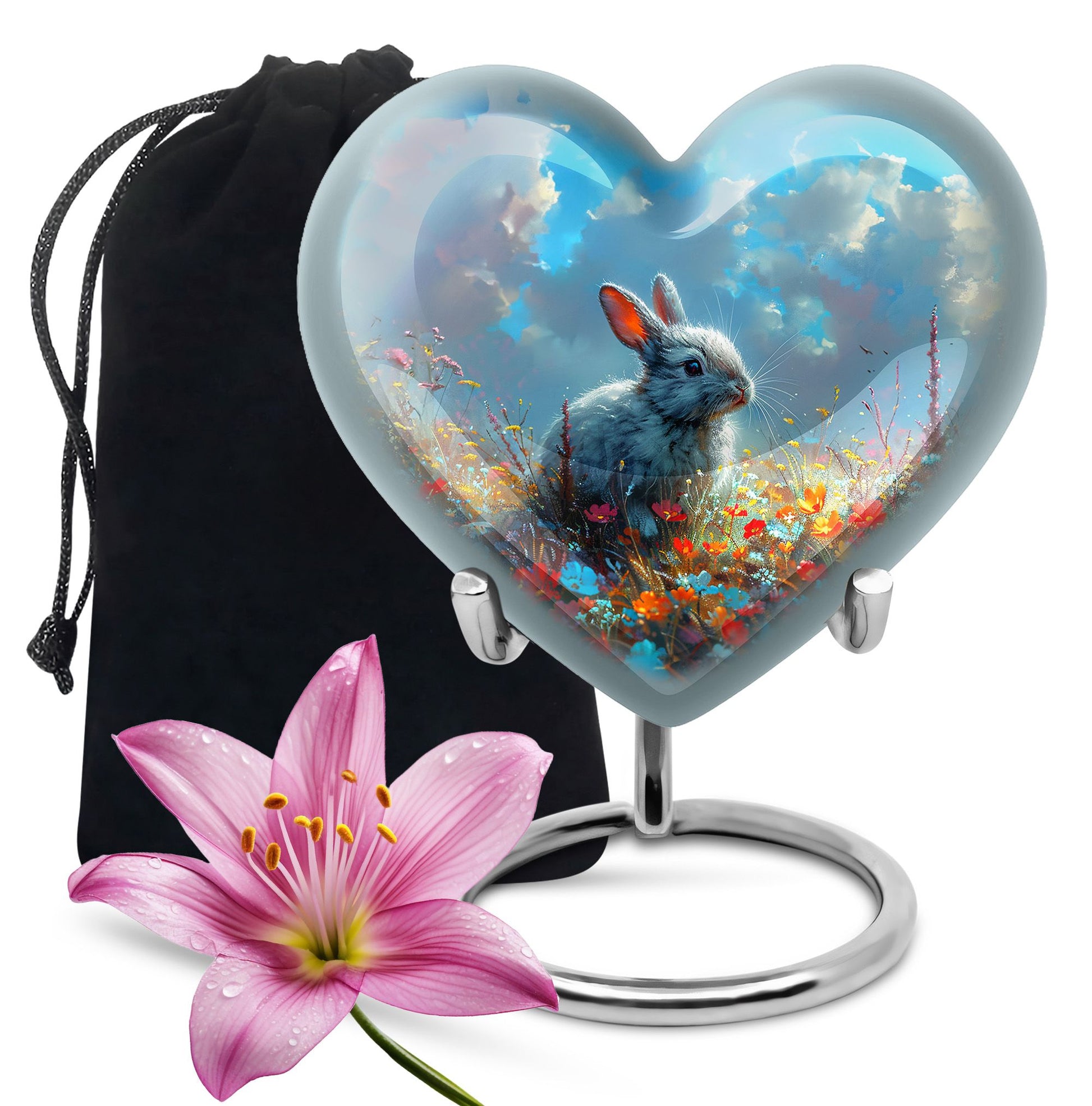 Colorful Flower Urn with White Bunny - Beautiful Pet Memorial Urn for Ashes