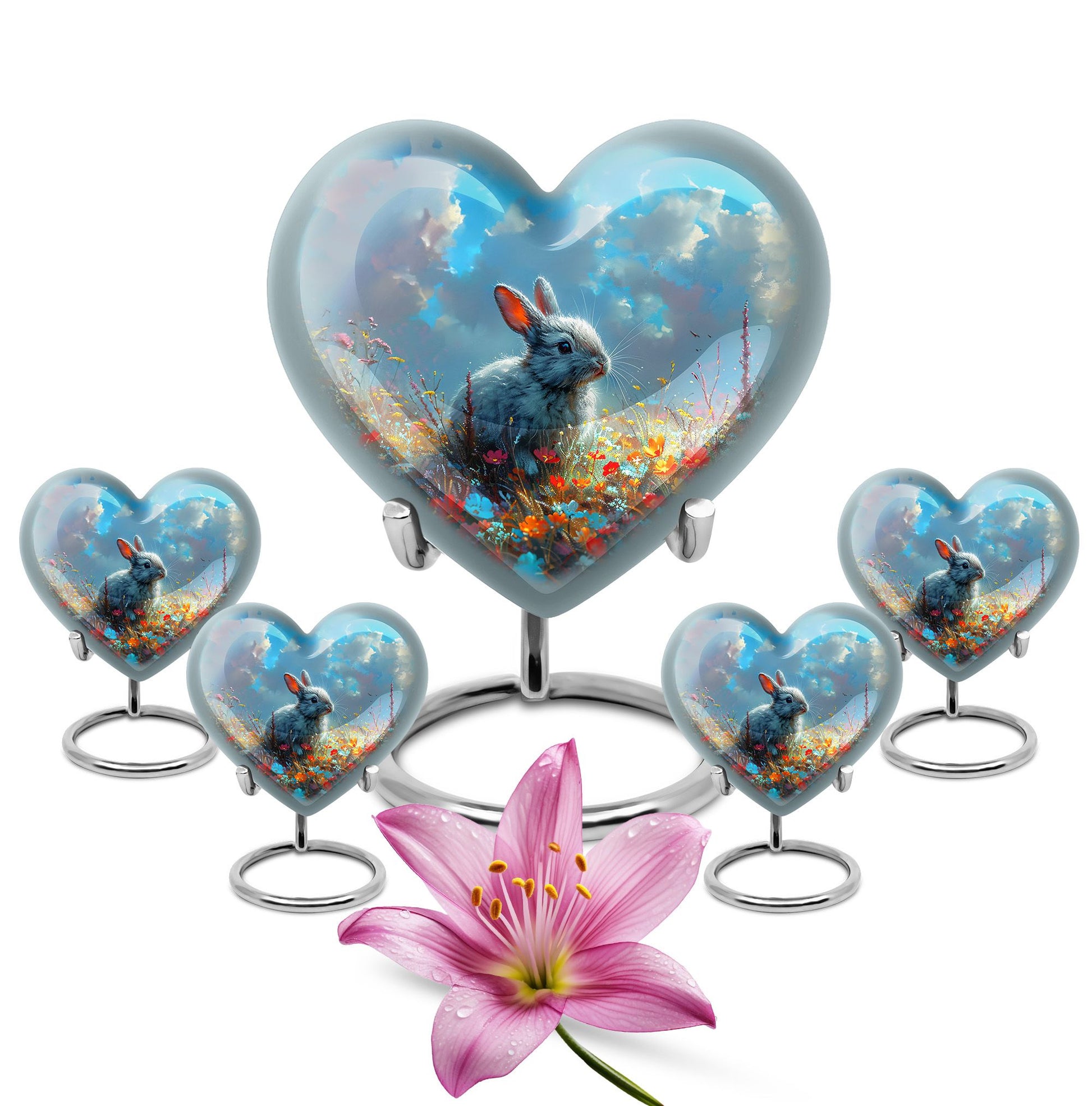 Colorful Flower Urn with White Bunny - Beautiful Pet Memorial Urn for Ashes