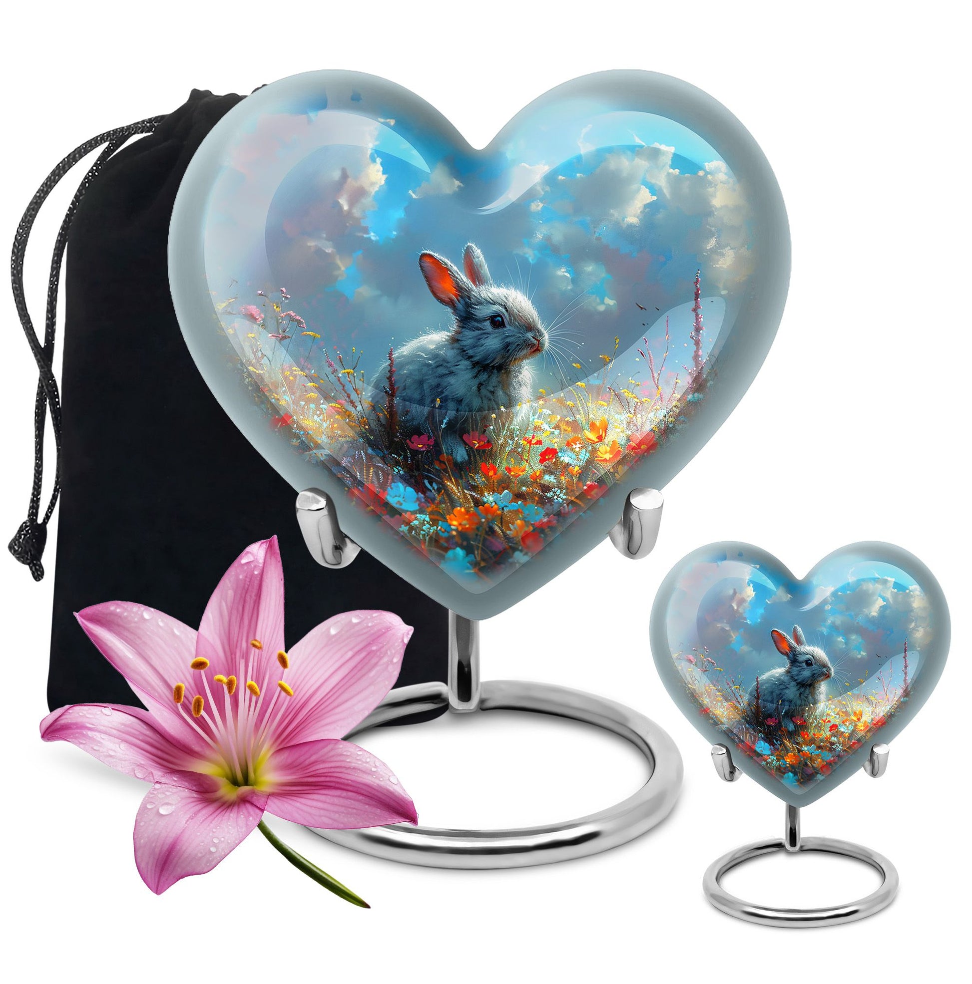 Colorful Flower Urn with White Bunny - Beautiful Pet Memorial Urn for Ashes