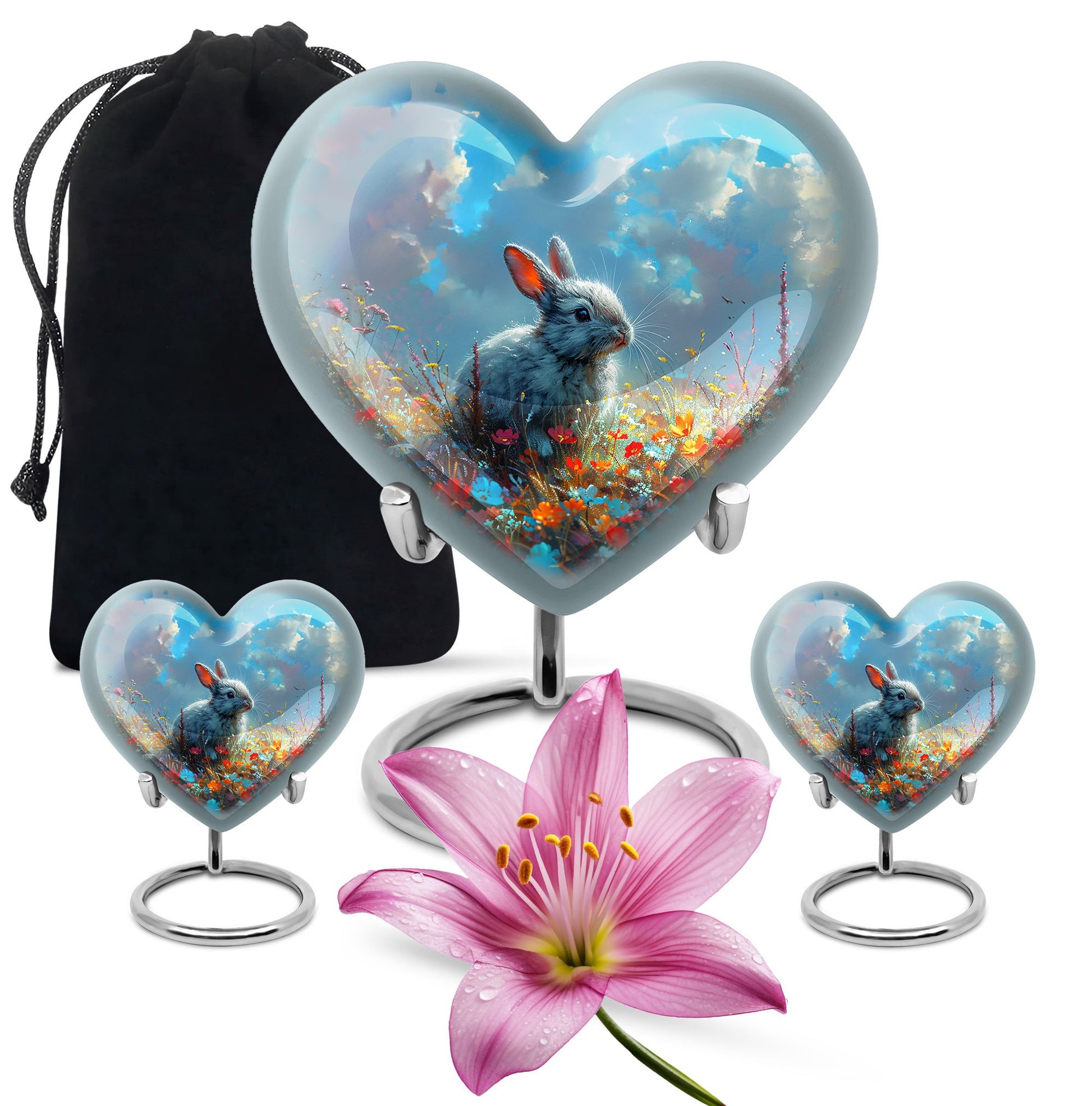 Colorful Flower Urn with White Bunny - Beautiful Pet Memorial Urn for Ashes